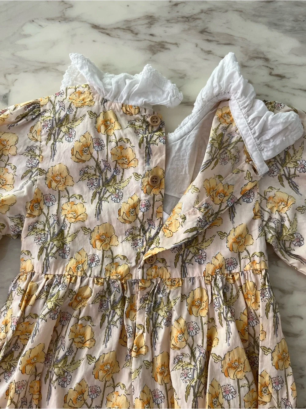 Smocked Yellow Floral Baby Romper with White Ruffle Collar